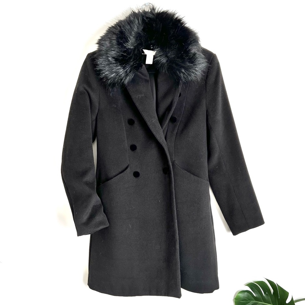Double Breasted Long Black Pea Coat with Fur Collar Size Small